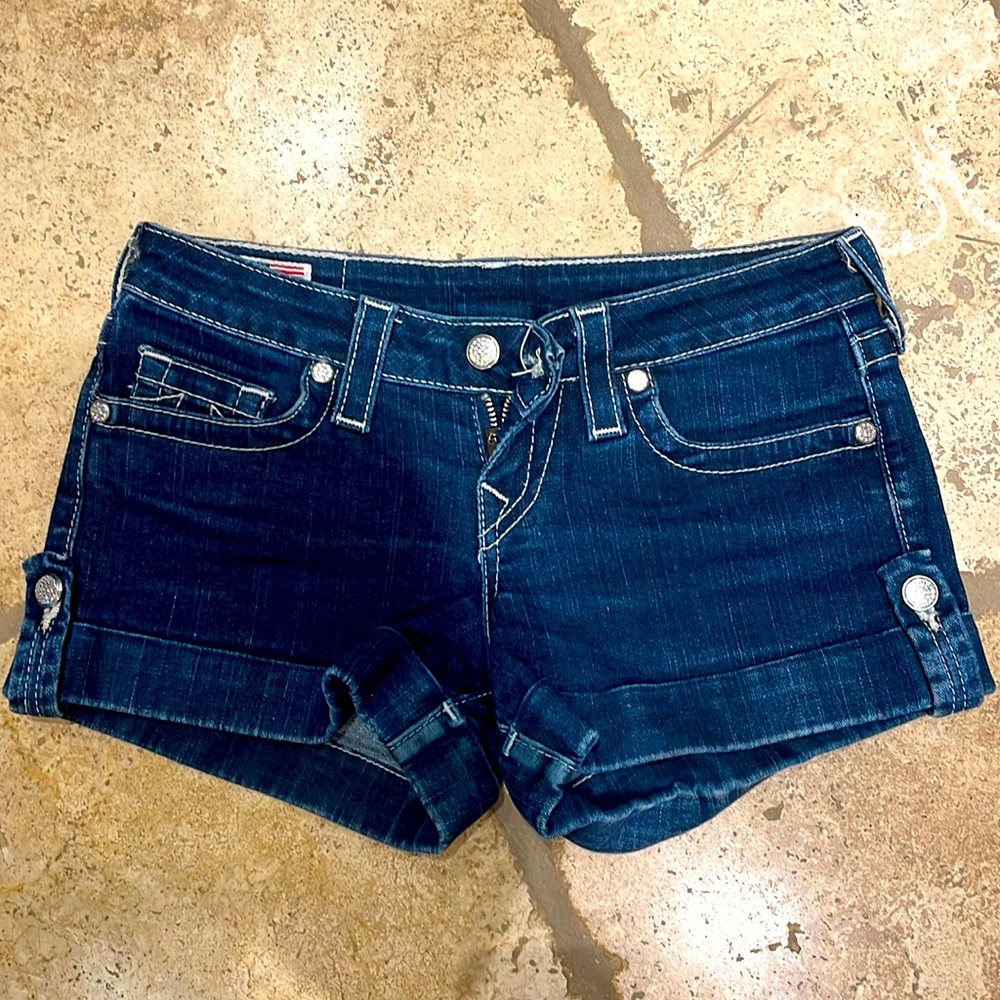 True Religion jean shorts with crystal buttons